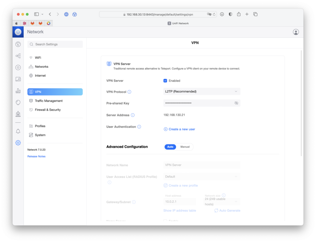 Check to enable the L2TP VPN server