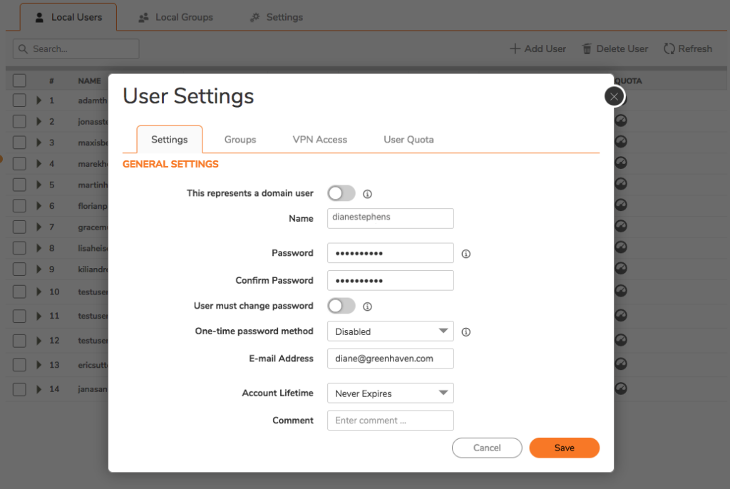 user settings for new VPN user