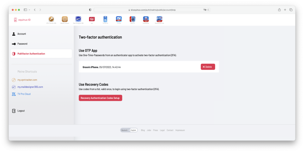 VPN Tracker account showing active VPN two factor authentication setup