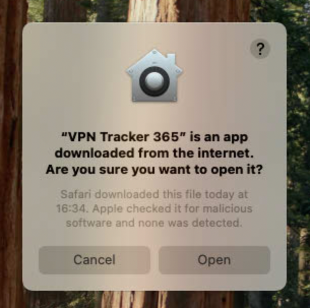 Press open to confirm opening VPN Tracker 365