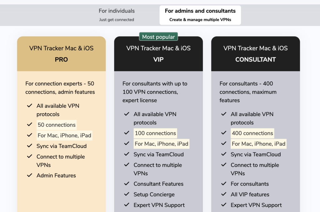 VPN Tracker Plans specifically for IT Admins and Consultants