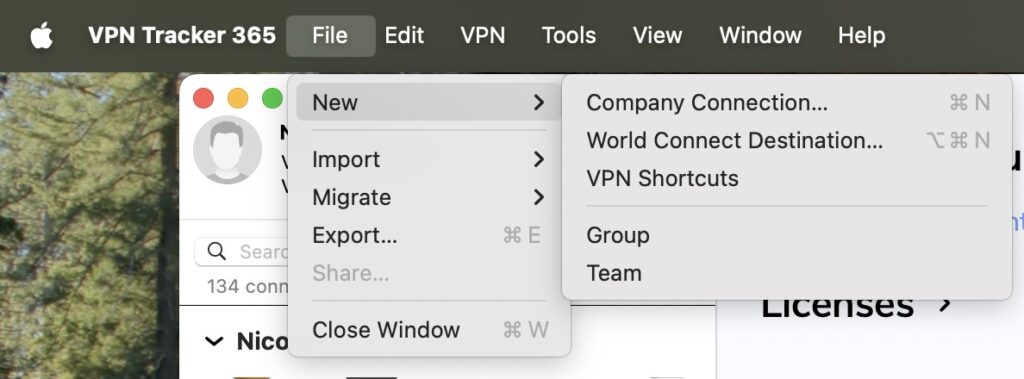 Add a New Connection in VPN Tracker by choosing File>New>Company Connection.