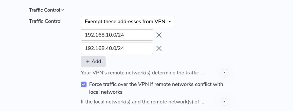 VPN Tracker Traffic Control options. Exclude IP addresses from this VPN connection.