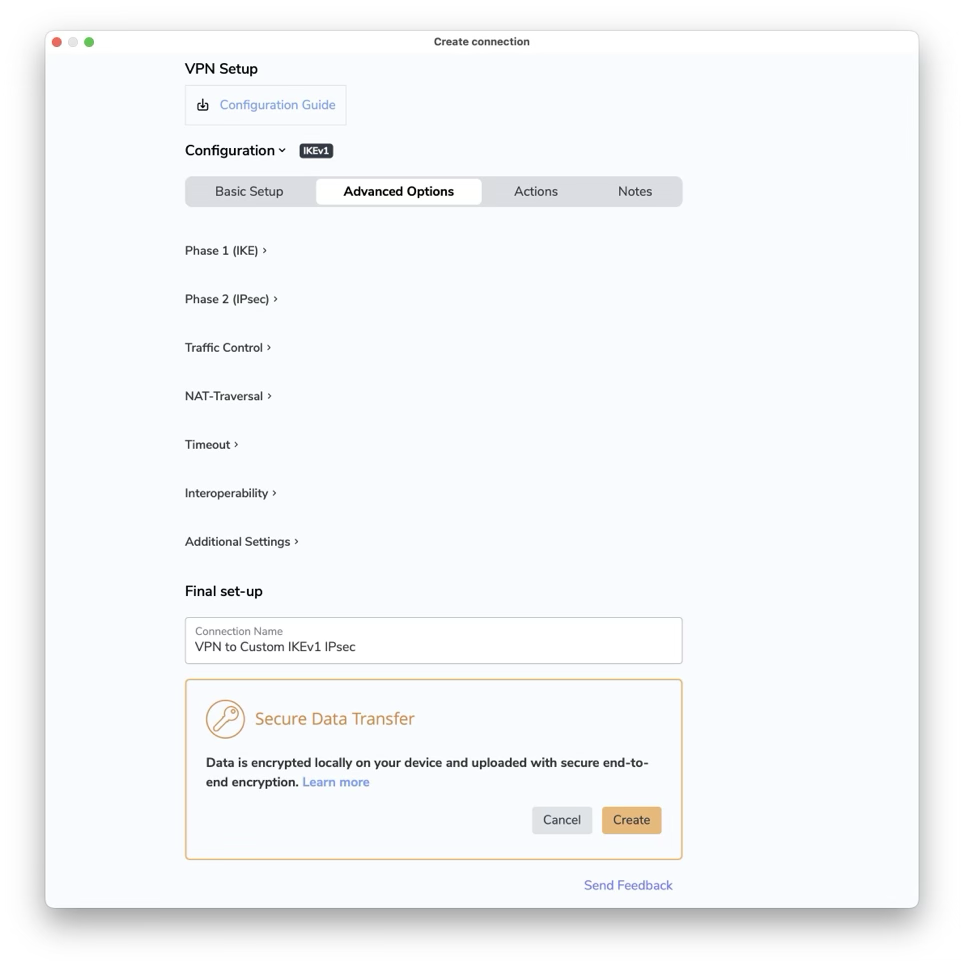 VPN Tracker Connection Configuration Advanced Options: Phase 1 (IKE), Phase 2 (IPsec), Traffic Control, NAT-Traversal, Timeout, Interoperability, Additional Settings