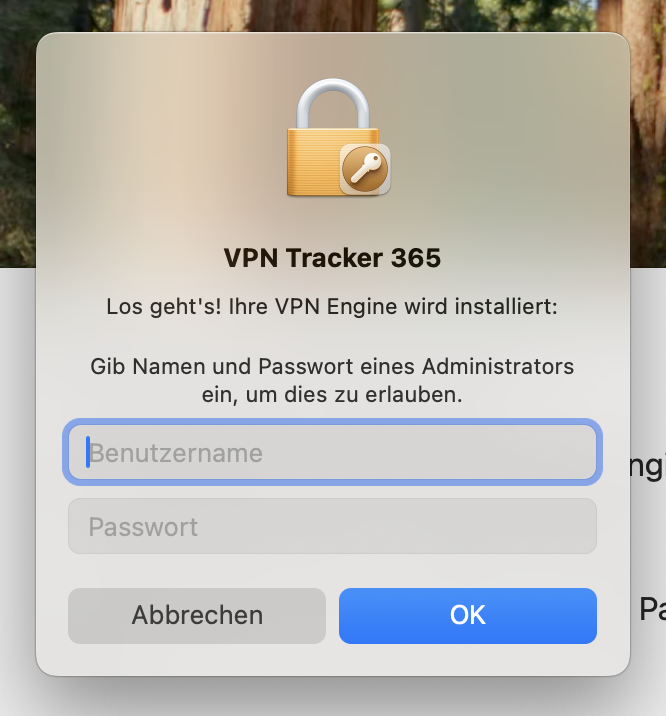 Passworteingabe um die Installation der VPN Engine zu bestätigen