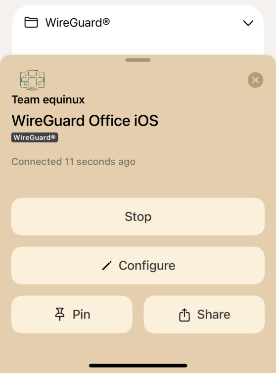 VPN Tracker iOS update showing WireGuard connection details with stop, configure, pin, and share options on iPhone