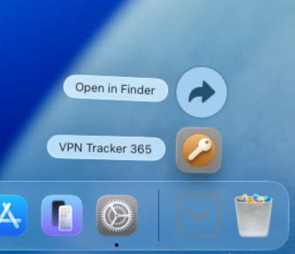 An app installation window on macOS 26 Tahoe displays options for VPN Tracker 365. "Open in Finder" and "VPN Tracker 365" are visible, along with an icon showing a key, indicating the app's function as a VPN for macOS Tahoe.