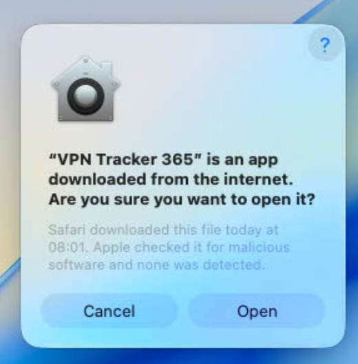 A security warning dialog box on macOS 26 Tahoe asks the user to confirm opening "VPN Tracker 365," an app downloaded from the internet. The text states Safari downloaded the file today at 08:01 and Apple checked it for malicious software, detecting none. This is part of the VPN macOS Tahoe installation process.