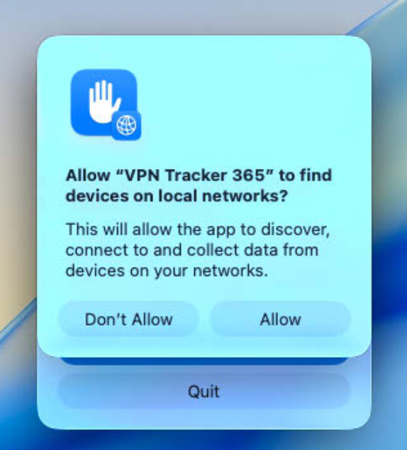 A blue pop-up window on macOS 26 Tahoe during the VPN Tracker 365 installation asks for permission to "Allow 'VPN Tracker 365' to find devices on local networks?" The description explains this allows the app to discover, connect to, and collect data from devices on networks, which is a common requirement for a VPN macOS Tahoe application. The options are "Don't Allow" and "Allow".