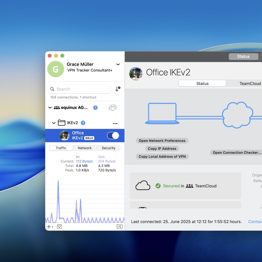A screenshot of the VPN Tracker 365 application running on macOS 26 Tahoe shows its user interface. On the left, the app's sidebar displays "Grace Müller" as the user, with "VPN Tracker Consultant+" plan. Below, "equinux AG..." and "IKEv2" connections are listed. The "IKEv2" connection shows "Office IKEv2" selected, with "Traffic," "Network," and "Security" tabs. The "Traffic" tab displays real-time data with "In: Current: 112 Byte/s," "Total: 4.8 MB," "Peak: 1.0 KB/s" and "Out: 104 Byte/s," "4.3 MB," "720 Byte/s" respectively, along with a graph visualizing network activity.

The right side of the window focuses on "Office IKEv2" status. It shows a visual representation of a laptop connecting to a cloud, indicating "Secured" with "TeamCloud." Options like "Open Network Preferences," "Copy IP Address," "Copy Local Address of VPN," and "Open Connection Checker..." are visible. The bottom right indicates the "Last connected: 25. June 2025 at 12:12 for 1:55:52 hours," providing details about the VPN on macOS Tahoe.