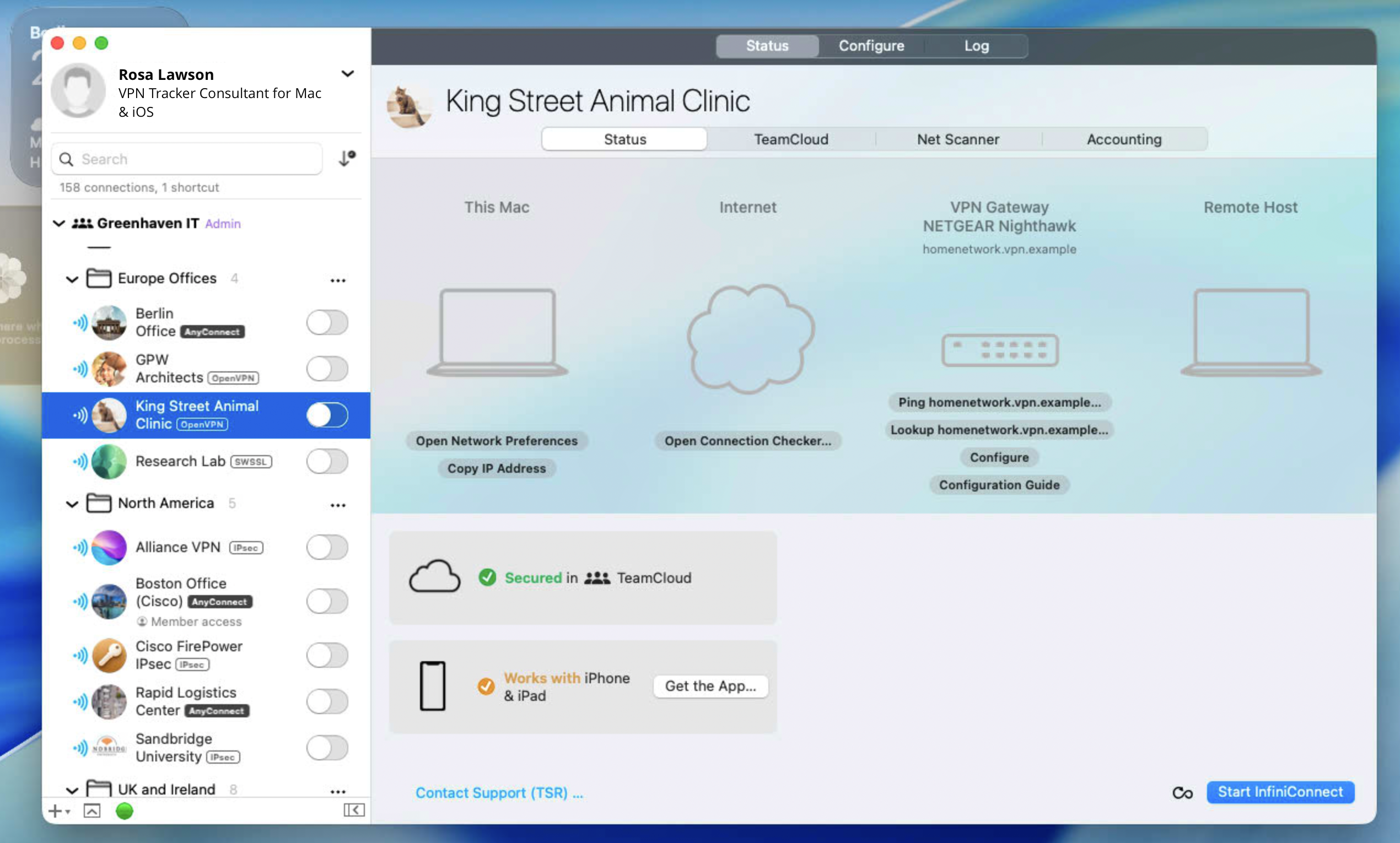 Screenshot of VPN Tracker macOS app showing a multi-protocol VPN connection list and detailed status dashboard for OpenVPN and other VPN types.