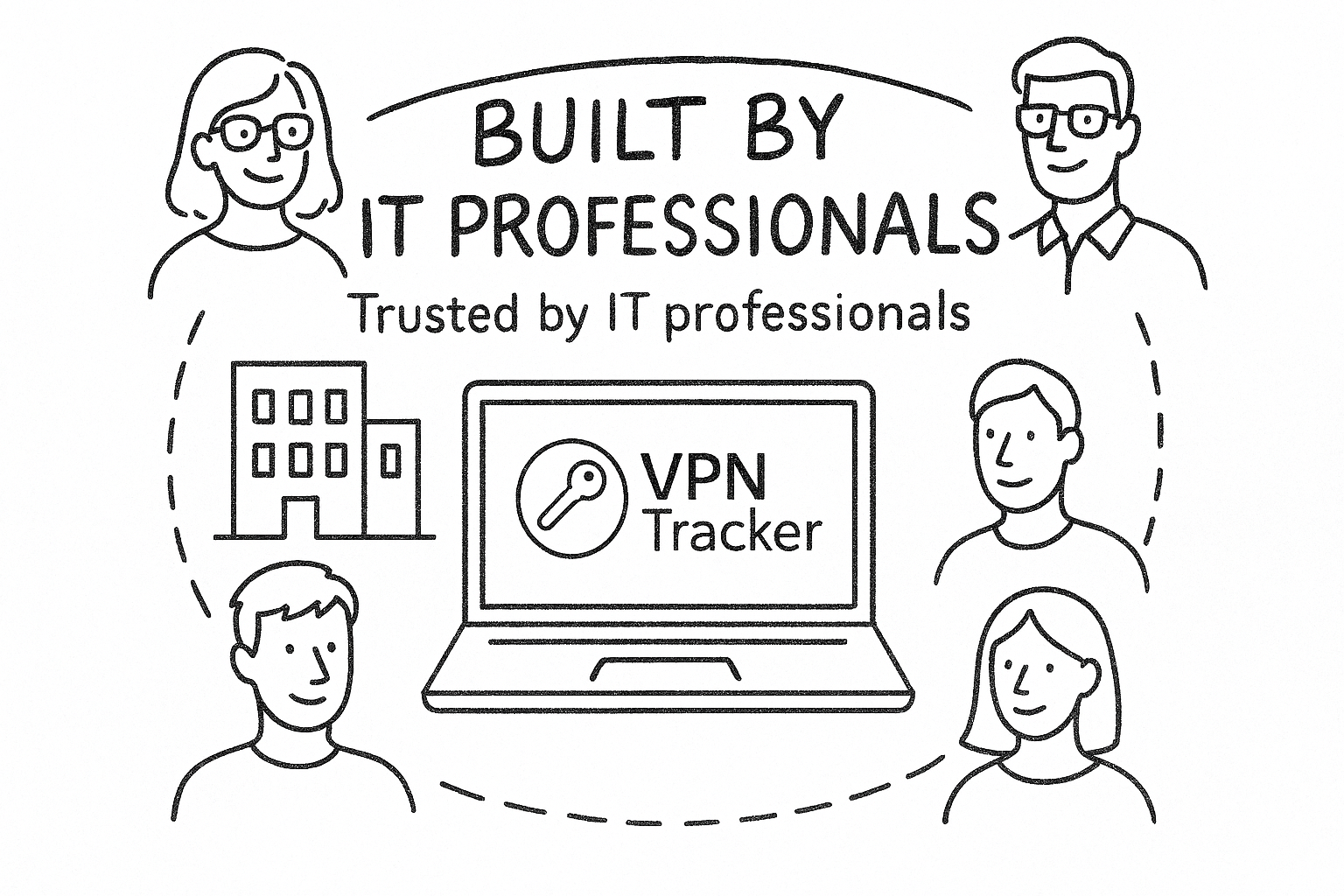 Illustration showing a laptop with the VPN Tracker logo on screen, surrounded by IT professionals and an office building, with the text “Built by IT Professionals, Trusted by IT Professionals.”