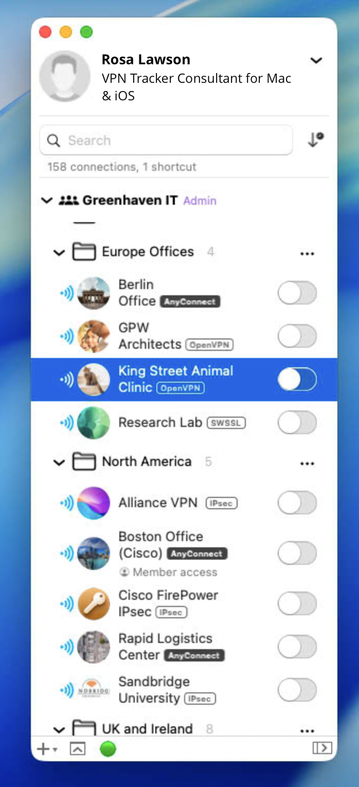 Screenshot of VPN Tracker macOS app showing an IT admin view with grouped VPN connections for multiple offices and protocols.