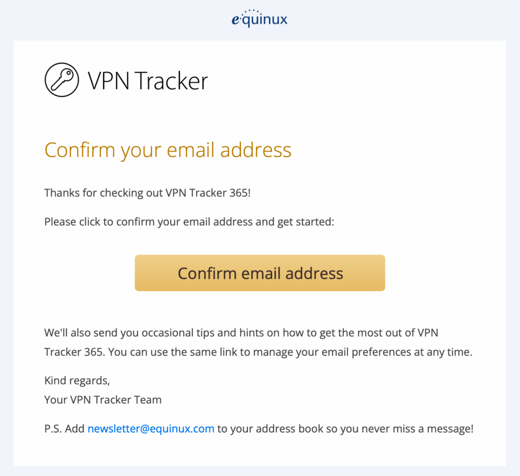 VPN Tracker 365 E-Mail-Bestätigung mit Button „E-Mail-Adresse bestätigen“ und Anweisungen zur Fertigstellung der Kontoerstellung.