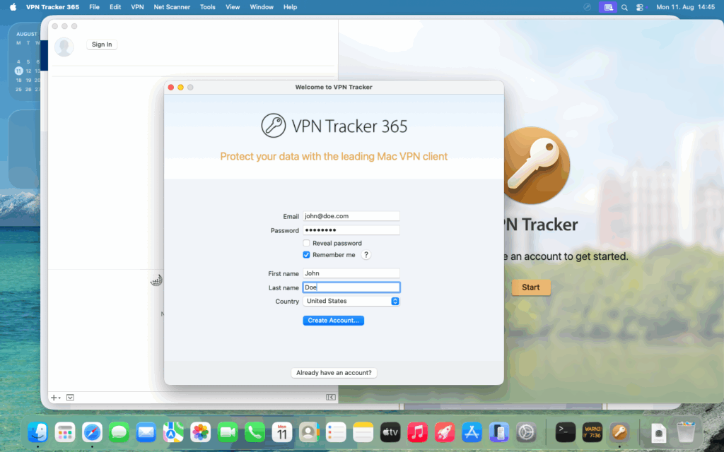 VPN Tracker 365 Kontoerstellung auf macOS mit Feldern für E-Mail, Passwort, Name und Land.
