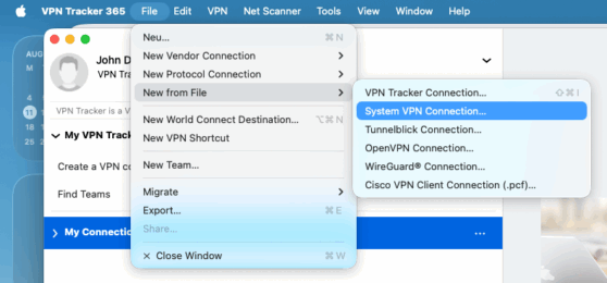 Fix IPSec VPN not working: VPN Tracker 365 File menu New from File System VPN Connection on macOS 26
