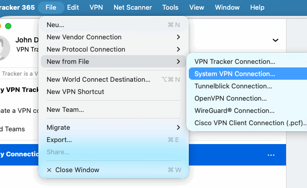 Fix IPSec VPN not working: VPN Tracker 365 File menu New from File System VPN Connection on macOS 26