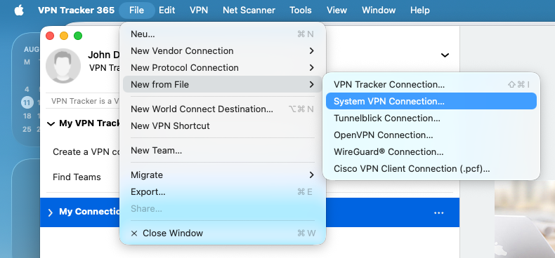 IPSec VPN funktioniert nicht beheben: VPN Tracker 365 Menü Ablage Neu aus Datei System-VPN-Verbindung auf macOS 26