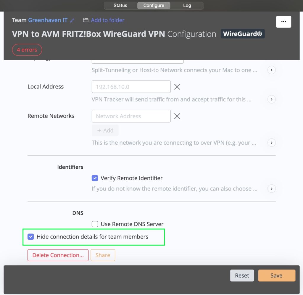 Enable the hide vpn connection details for team members option in VPN Tracker TeamCloud