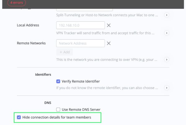 Enable the “Hide connection details for team members” option in VPN Tracker TeamCloud