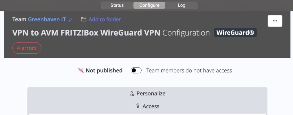 Publish a shared VPN connection in VPN Tracker TeamCloud by toggling the switch