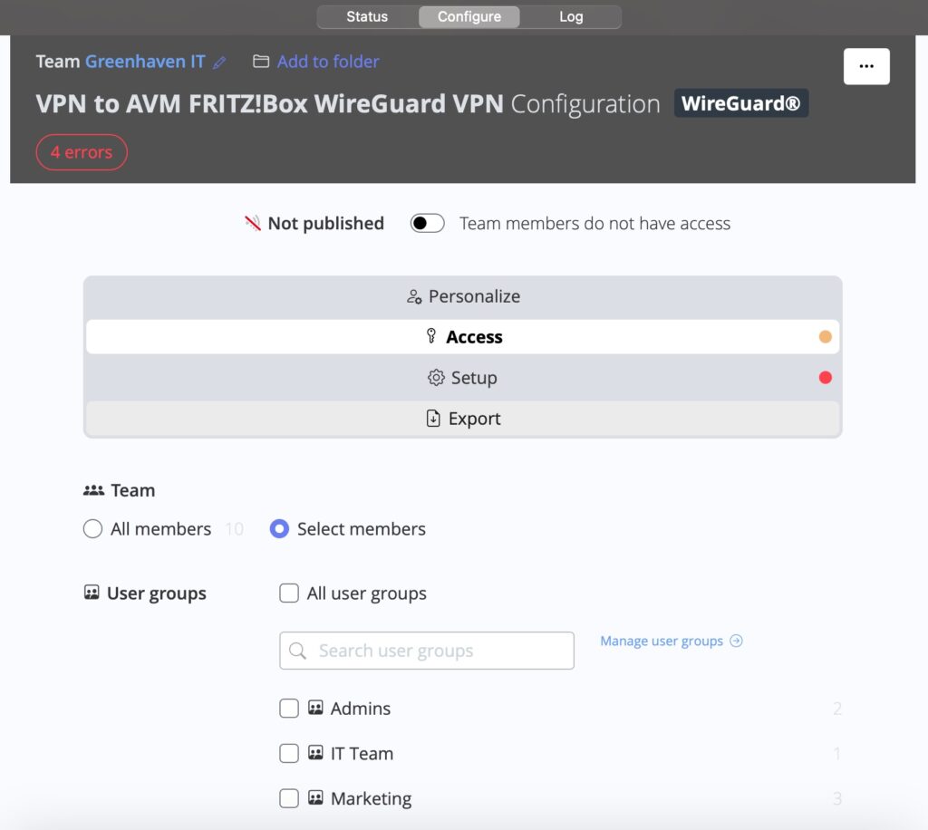 Select members and define user group access for a shared VPN connection in VPN Tracker TeamCloud