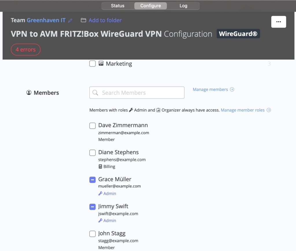 Select individual team members with access to a shared VPN connection in VPN Tracker TeamCloud