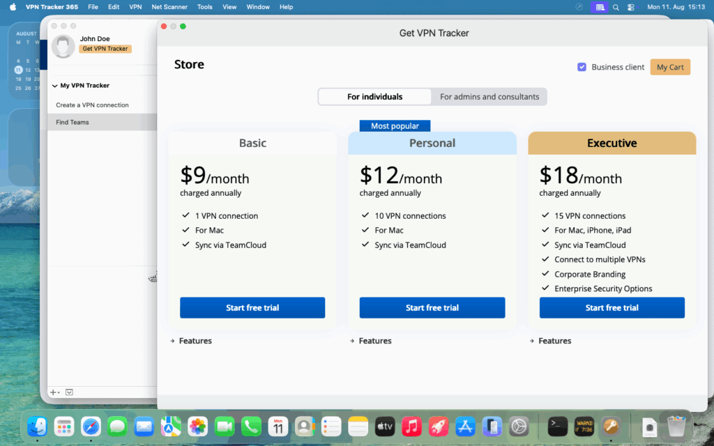 VPN Tracker 365 Mac App mit Preisplänen für Einzelpersonen: Basic 9 €/Monat, Personal 12 €/Monat, Executive 18 €/Monat, jeweils mit „Kostenlose Testversion starten“-Button.
