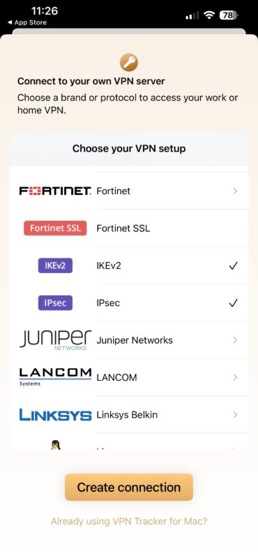 VPN Tracker iOS setup screen: choose VPN setup from vendors like Amazon AWS, AnyConnect, Asante, Astaro, ASUS to resolve iOS 26 VPN not working