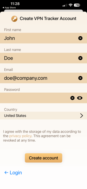 Create VPN Tracker account on iPhone to start fixing iOS 26 VPN not working