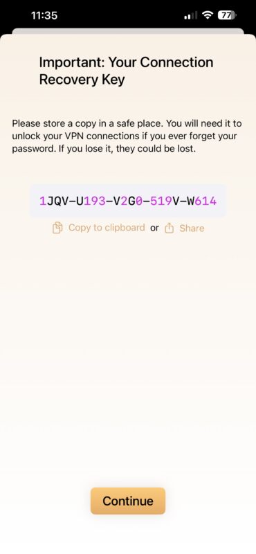 Recovery Key screen in VPN Tracker iOS to protect encrypted connection data while fixing iOS 26 VPN not working