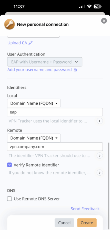 Configure Local ID and Remote ID for IKEv2 in VPN Tracker iOS when iOS 26 VPN is not working