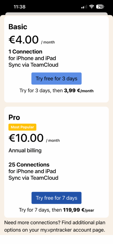 Select free 7 day trial in VPN Tracker iOS to test and fix iOS 26 VPN not working