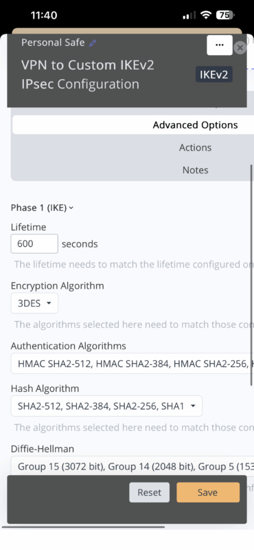 Phase 1 algorithms in VPN Tracker iOS to restore legacy settings for iOS 26 VPN not working