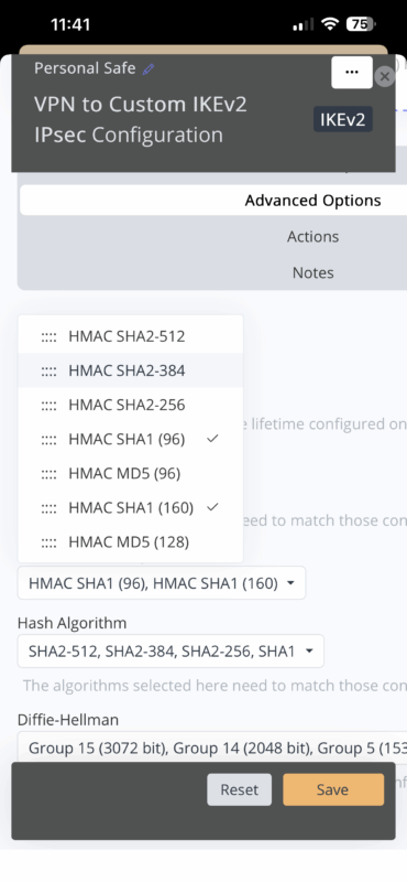 Select encryption and integrity algorithms in VPN Tracker iOS to fix iOS 26 VPN not working