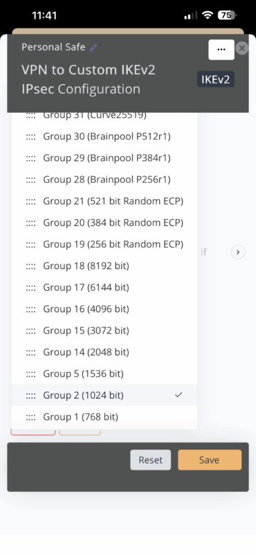 Choose Diffie Hellman groups in VPN Tracker iOS when iOS 26 VPN is not working