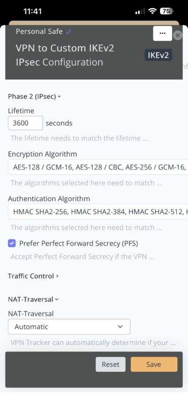 Phase 2 cipher selection in VPN Tracker iOS to resolve iOS 26 VPN not working