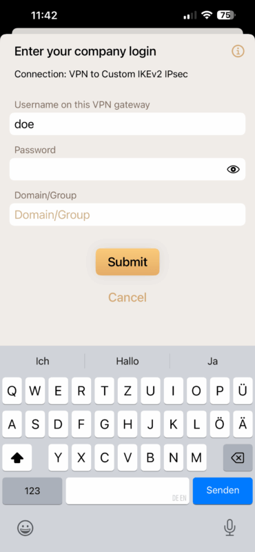 Enter VPN username and password in VPN Tracker iOS to fix iOS 26 VPN not working
