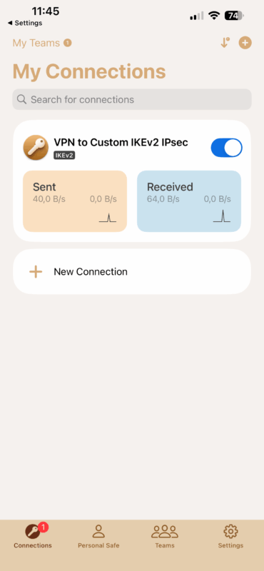 Connected state in VPN Tracker iOS showing VPN established after fixing iOS 26 VPN not working