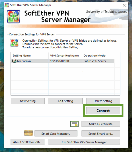 Connect to SoftEther VPN server in the Windows Server Manager tool