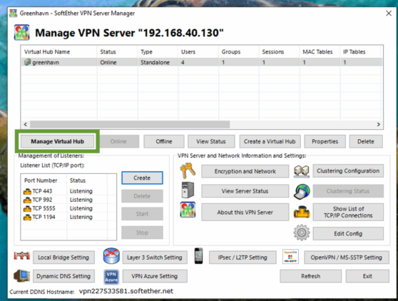 Manage Virtual Hub button in SoftEther Server Manager