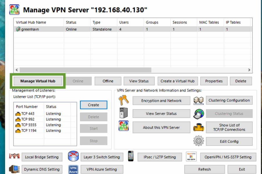 Manage Virtual Hub button on the SoftEther VPN Management center
