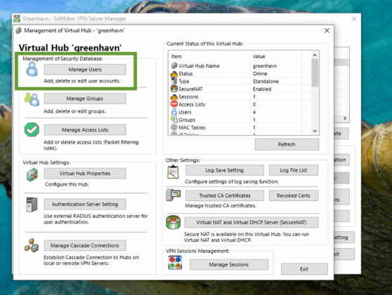 Manage Users menu in SoftEther VPN