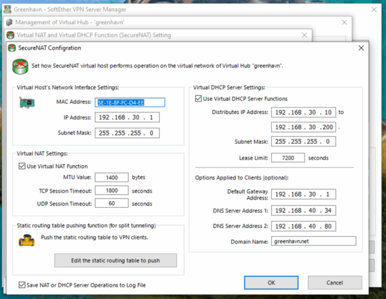 Configure SecureNAT settings in SoftEther VPN