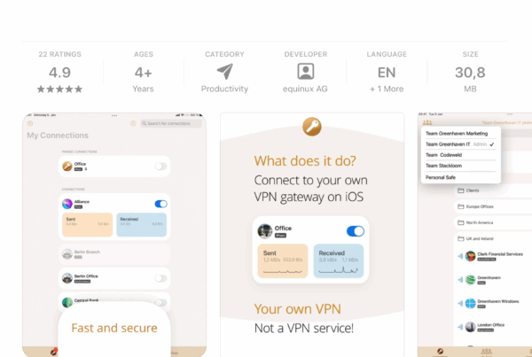 VPN Tracker - Remote Access app for iPhone and iPad on the App Store – remote access client with 4.9 star rating, supports connecting to your own VPN gateway on iOS.