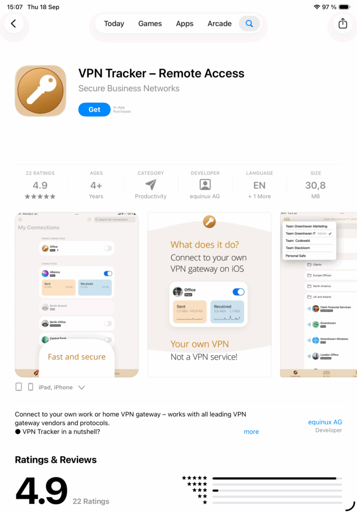 App Store page for VPN Tracker – Remote Access on iPhone and iPad, used to fix iOS 26 VPN not working by connecting to your own VPN gateway