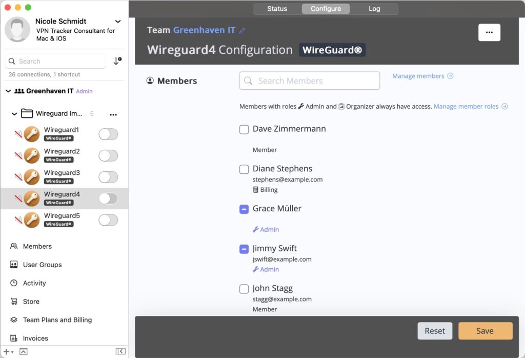VPN Tracker team management interface showing WireGuard VPN connection assigned to team members as a Mac OS X VPN Server replacement