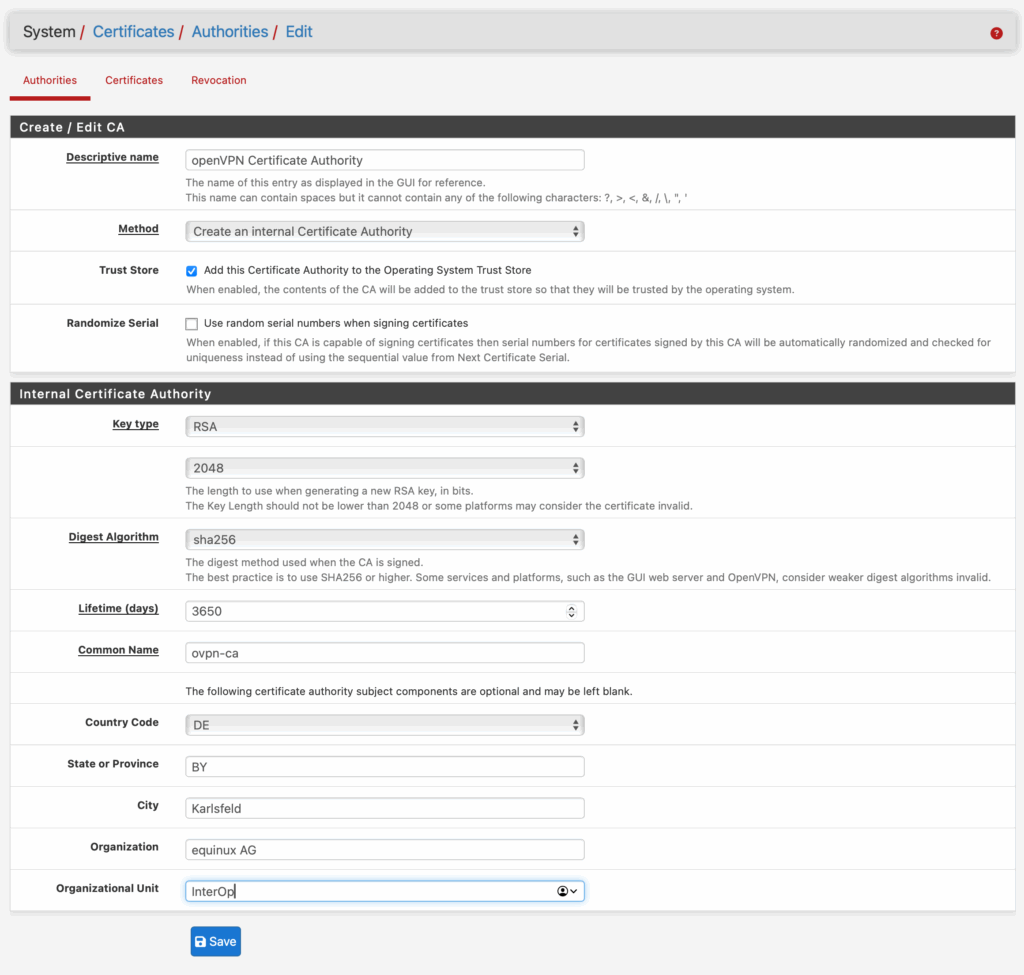 screenshot from netgate pfsense certificate manager showing how to add a certificate authority for OpenVPN
