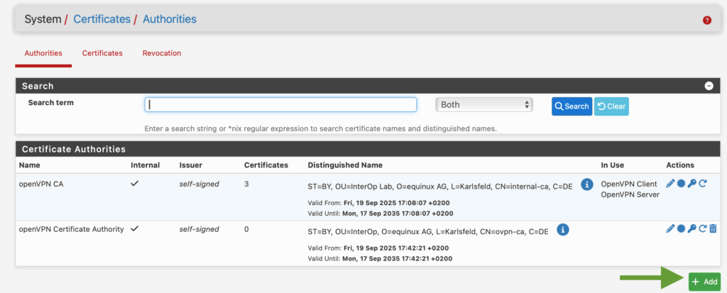 screenshot from netgate pfsense certificate manager showing how to add a certificate authority for OpenVPN