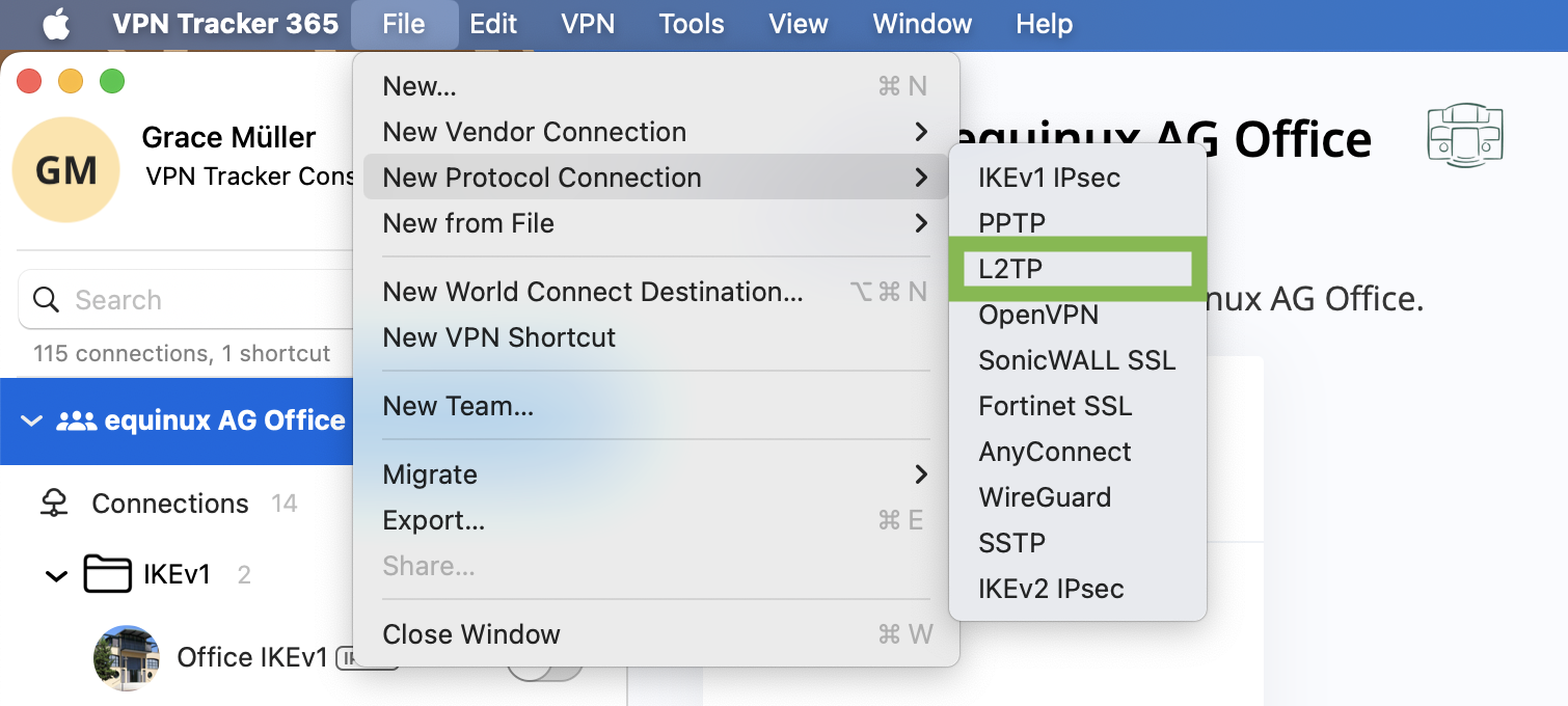 L2TP im VPN Tracker Menü wählen, um sich mit einem L2TP VPN auf Mac zu verbinden